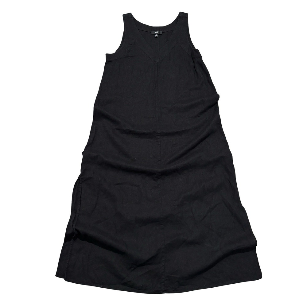 DKNY Women's Woven Linen Viscose Sleeveless V-Neck Midi Shift Dress Sz SM 18x50